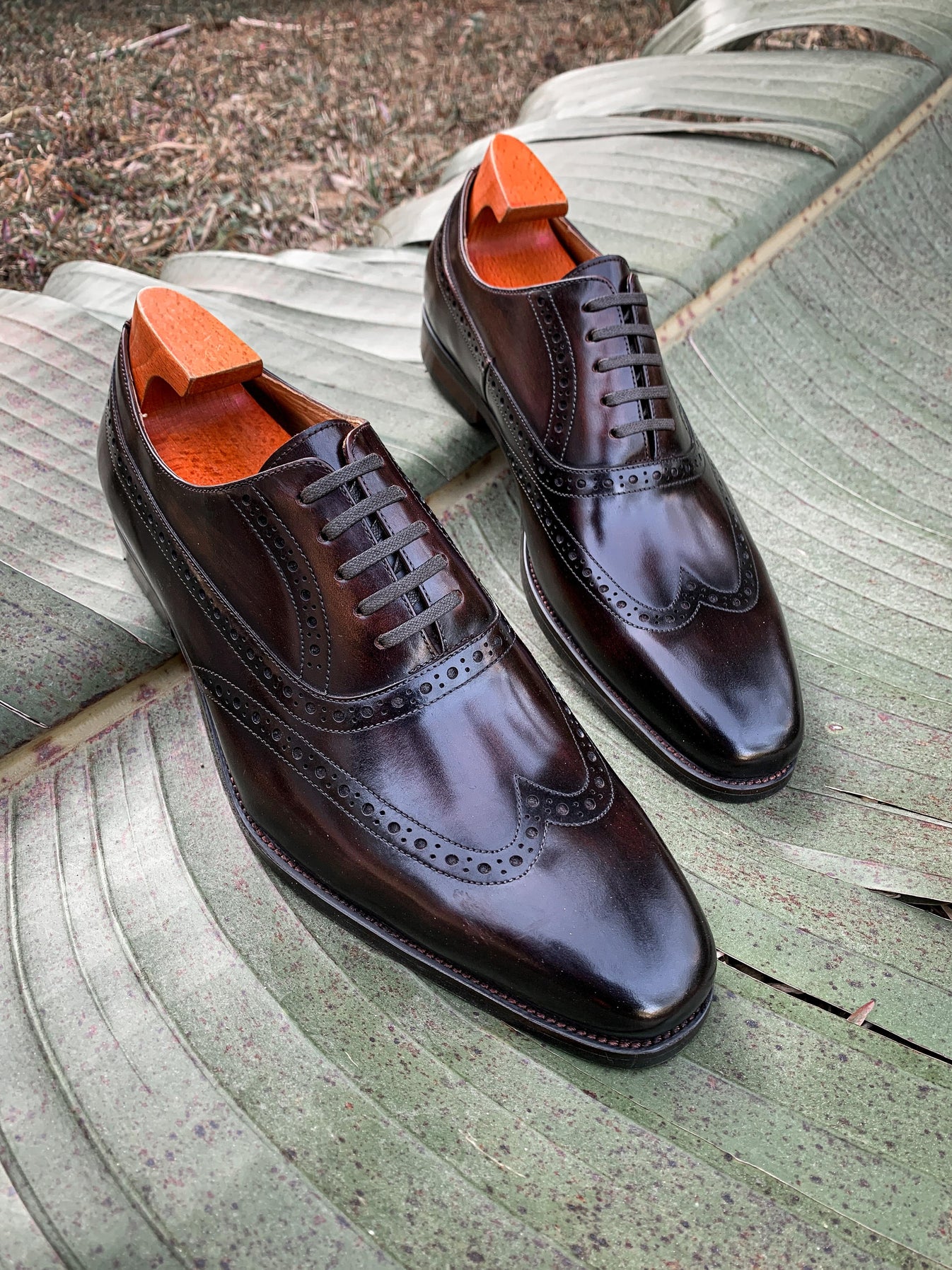 Elegant Brown Patina Wingtip Oxford Dress Shoes – HolloShoe
