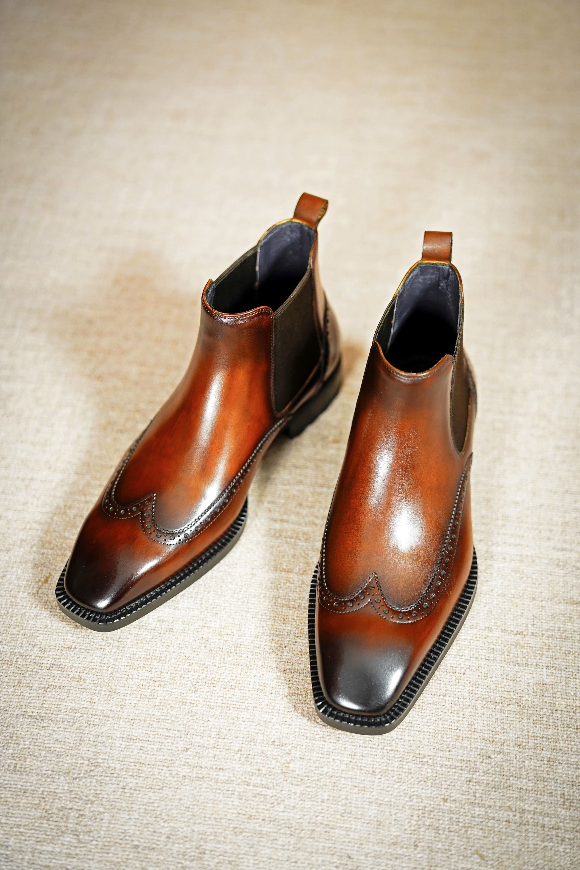 Modern Brown Leather Brogue Dress Chelsea Boots Hollo Shoe Modern Brown Leather Brogue Dress Chelsea Boots Hollo Shoe