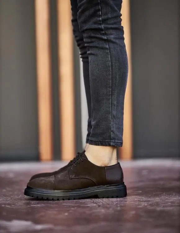 Brown Suede Lace-Up Formal Shoes – high-quality synthetic suede, worn by a man in dark grey jeans, highlighting sophistication and all-day comfort.