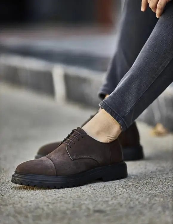 Brown Suede Lace-Up Formal Shoes – high-quality synthetic suede, worn by a man in dark grey jeans, highlighting sophistication and all-day comfort.