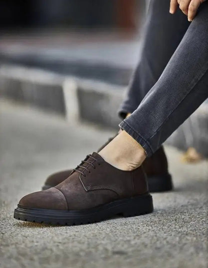 Brown Suede Lace-Up Formal Shoes – high-quality synthetic suede, worn by a man in dark grey jeans, highlighting sophistication and all-day comfort.