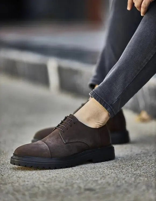 Brown Suede Lace-Up Formal Shoes – high-quality synthetic suede, worn by a man in dark grey jeans, highlighting sophistication and all-day comfort.