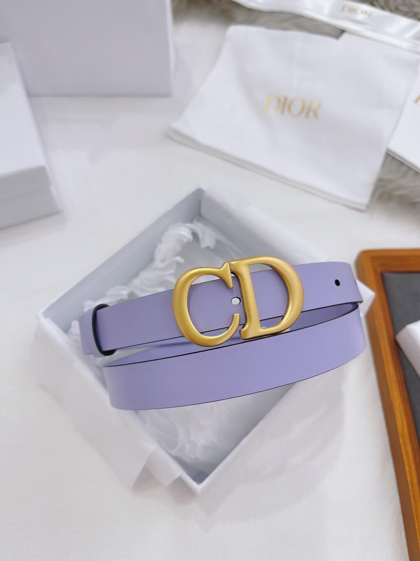 Purple belt with gold Dior buckle in a box on a white surface