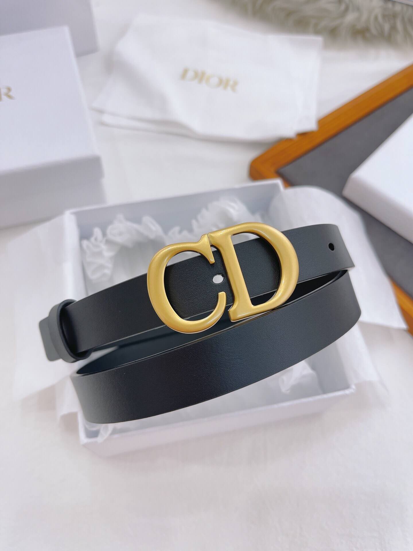 Black belt with gold Dior buckle on a white background