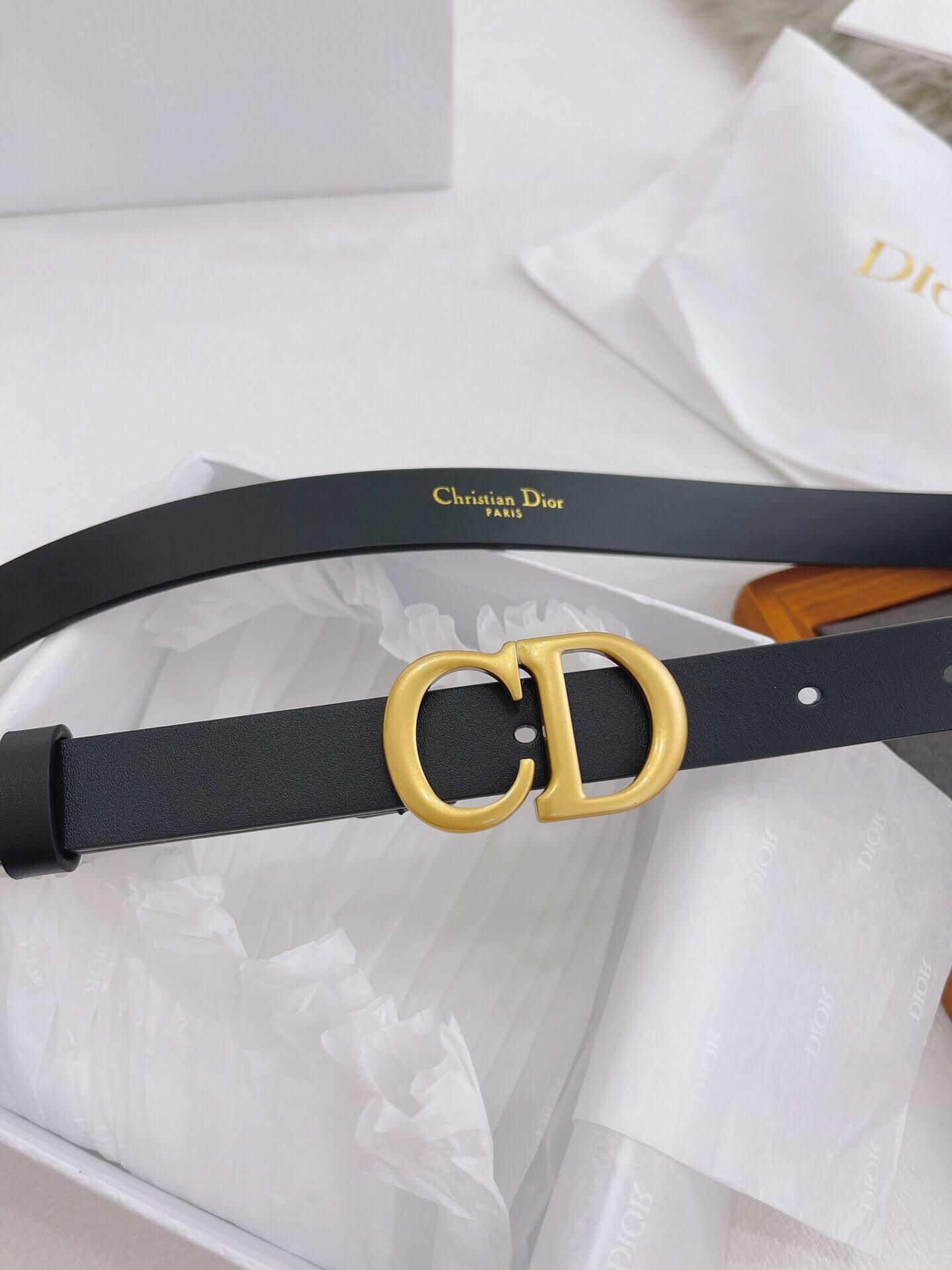 Black belt with gold Dior buckle on a white background