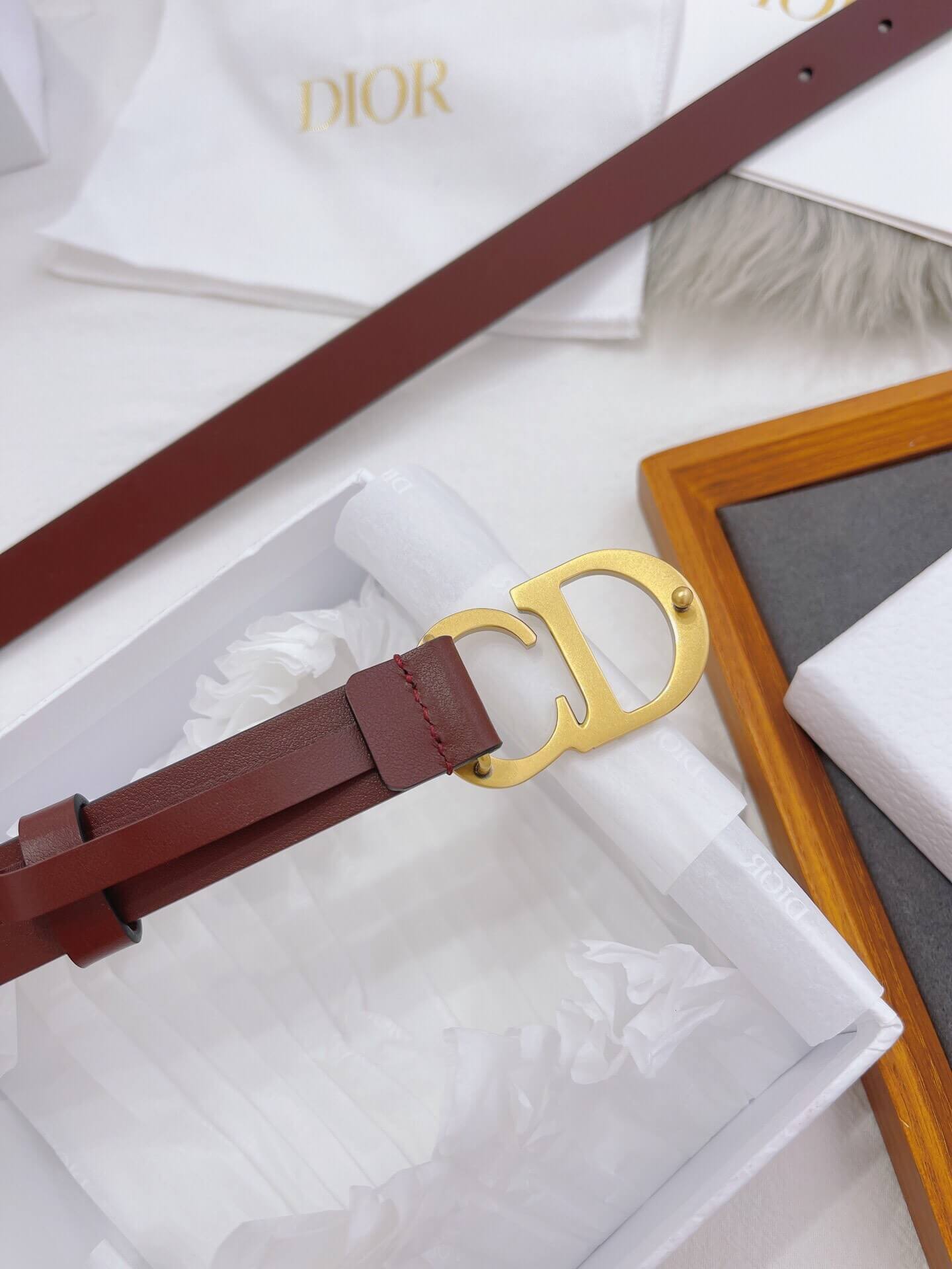 Brown belt with gold buckle on a white surface, with 'Dior' branding visible.