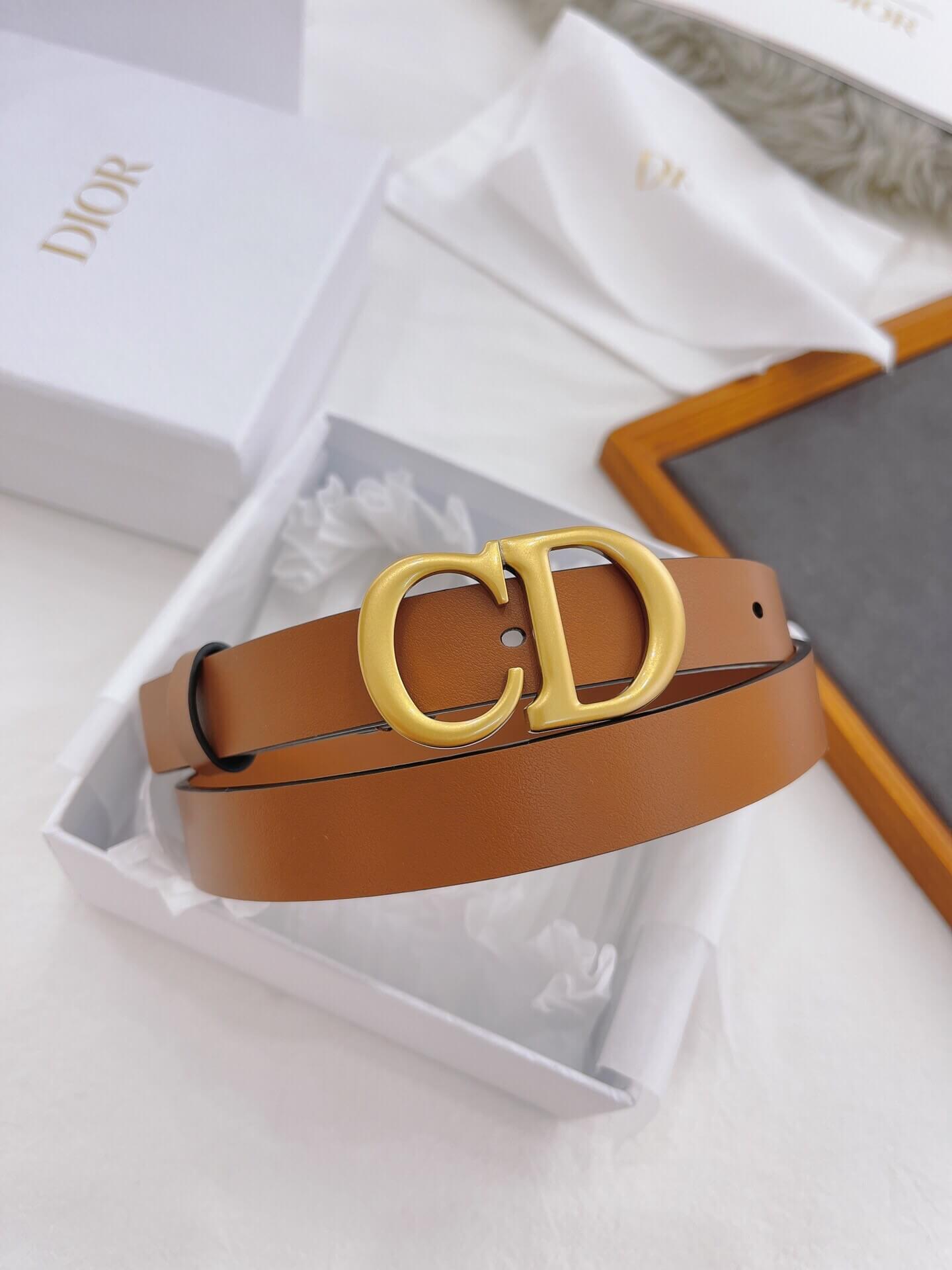 Brown belt with gold Dior buckle on a white background
