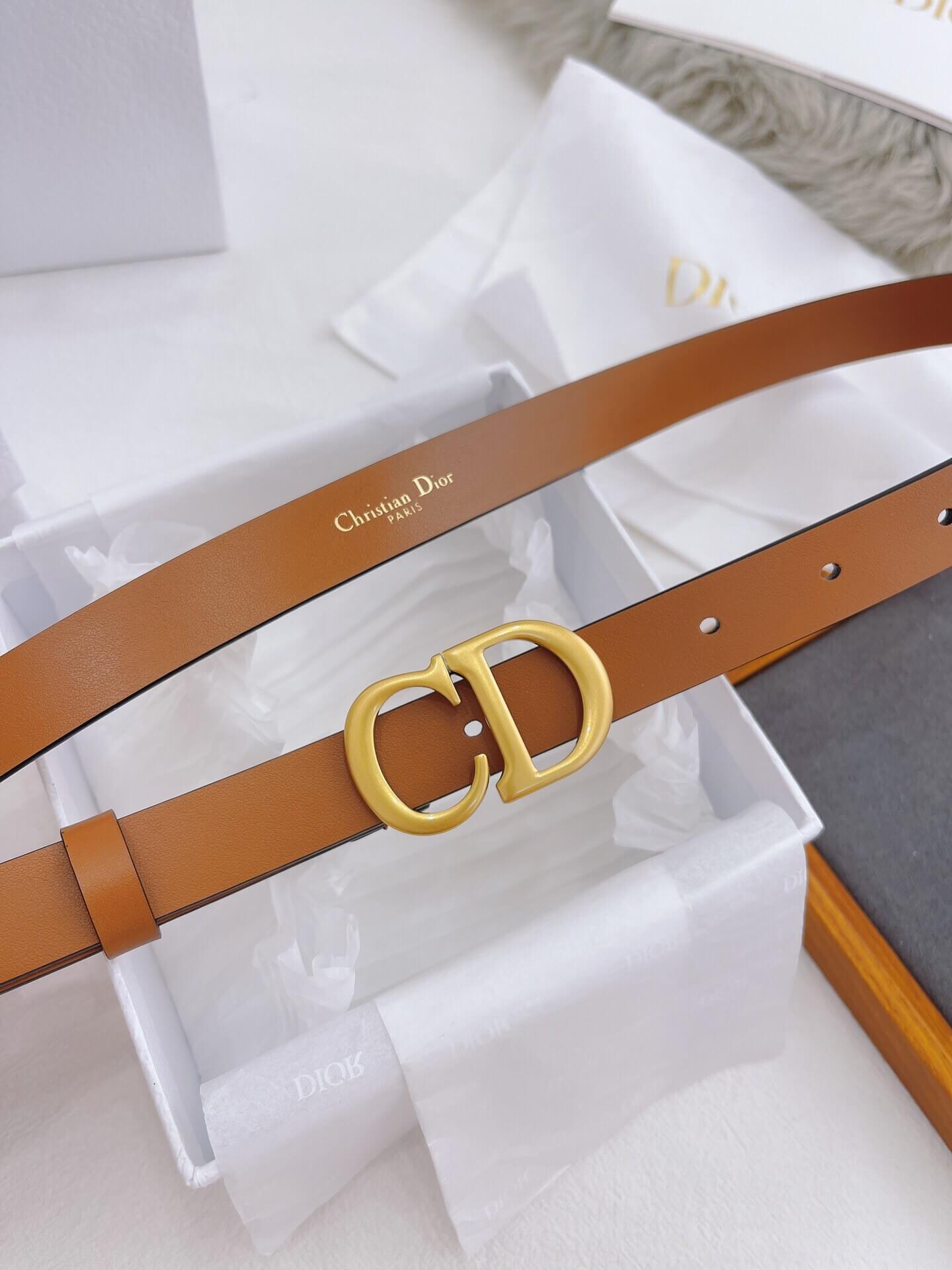 Brown belt with gold buckle from Dior on a white background