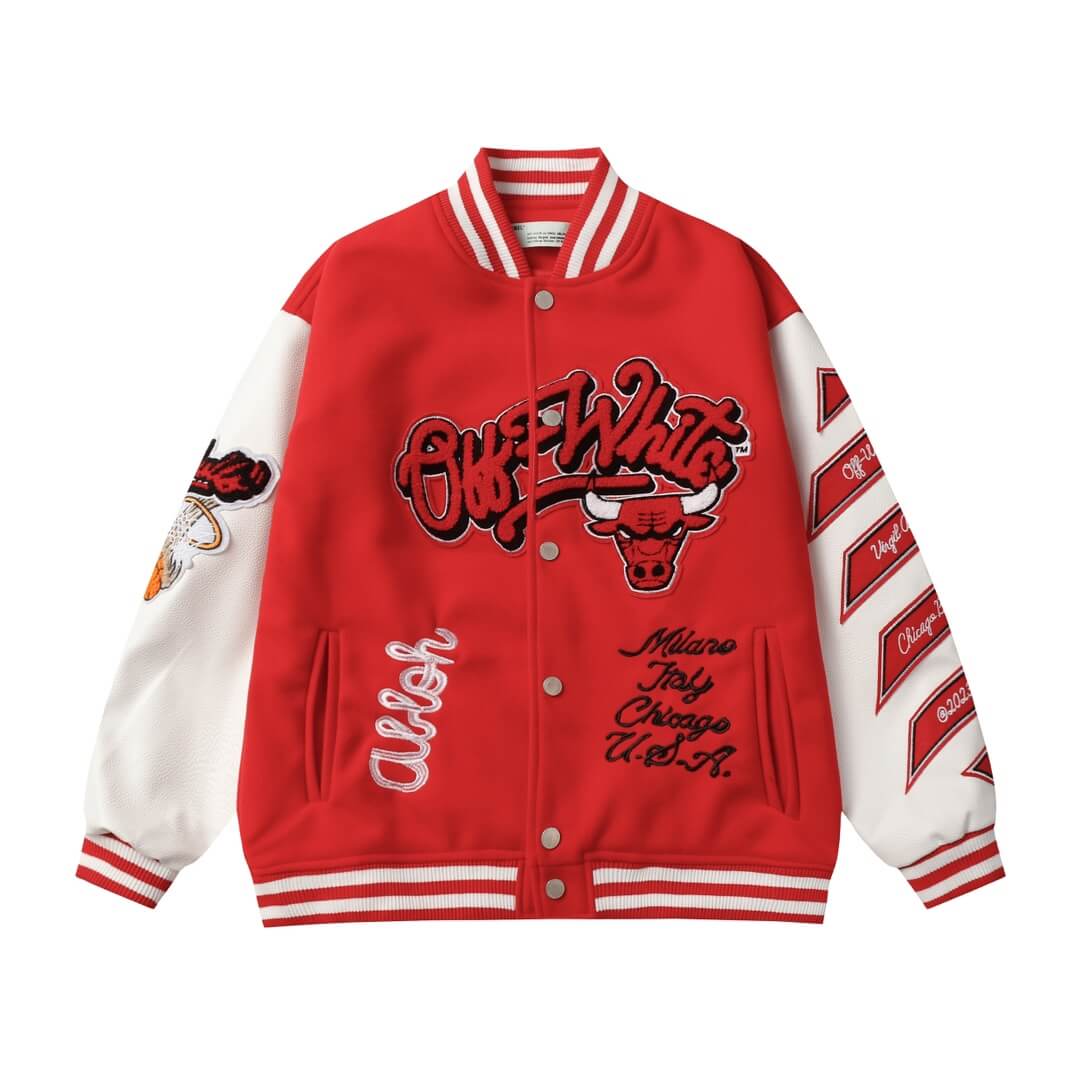 Chicago Bulls Off-White Red Varsity Jacket