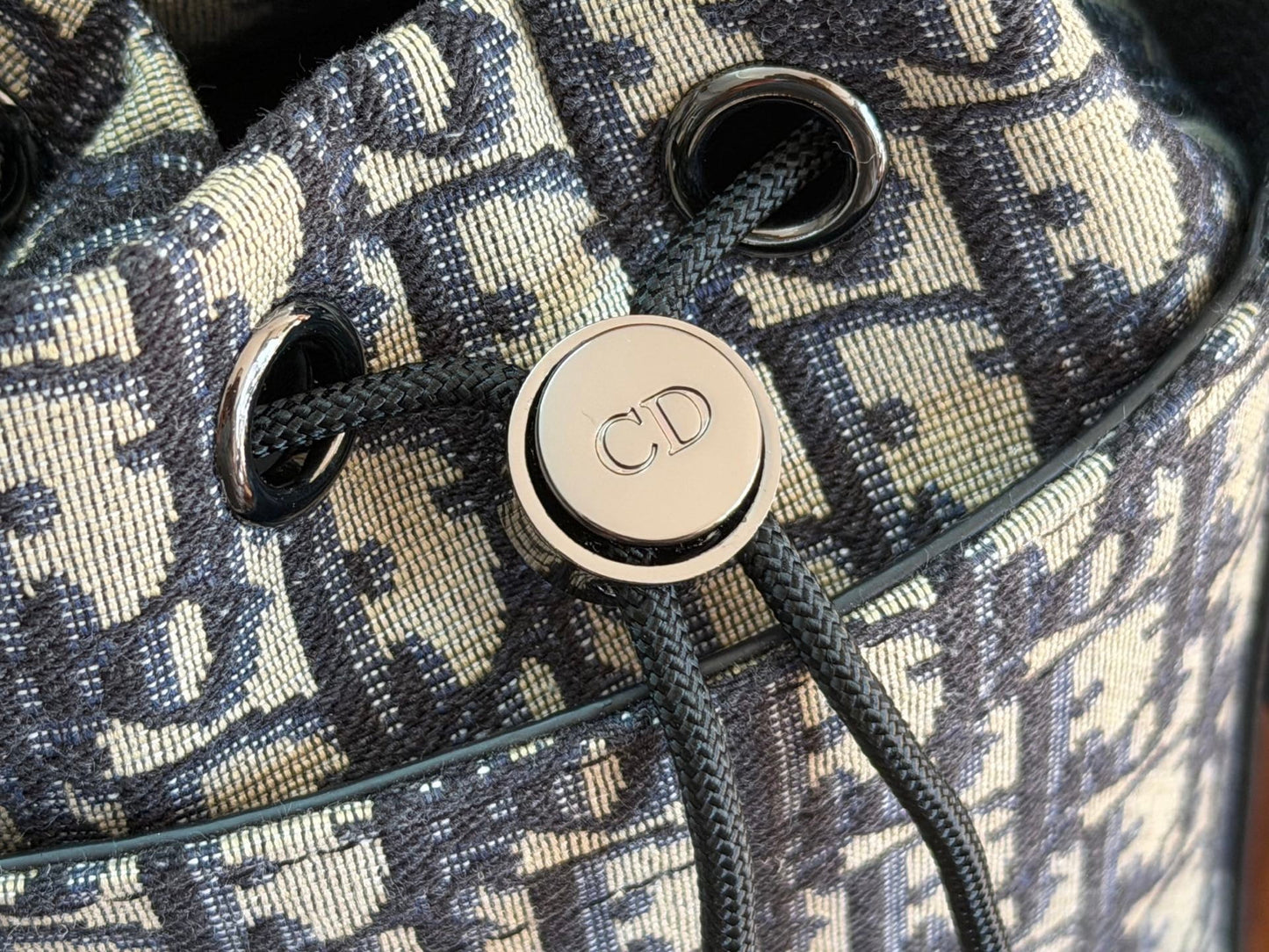 Christian Dior Small Drawstring Backpack - Beige & Black Oblique Jacquard