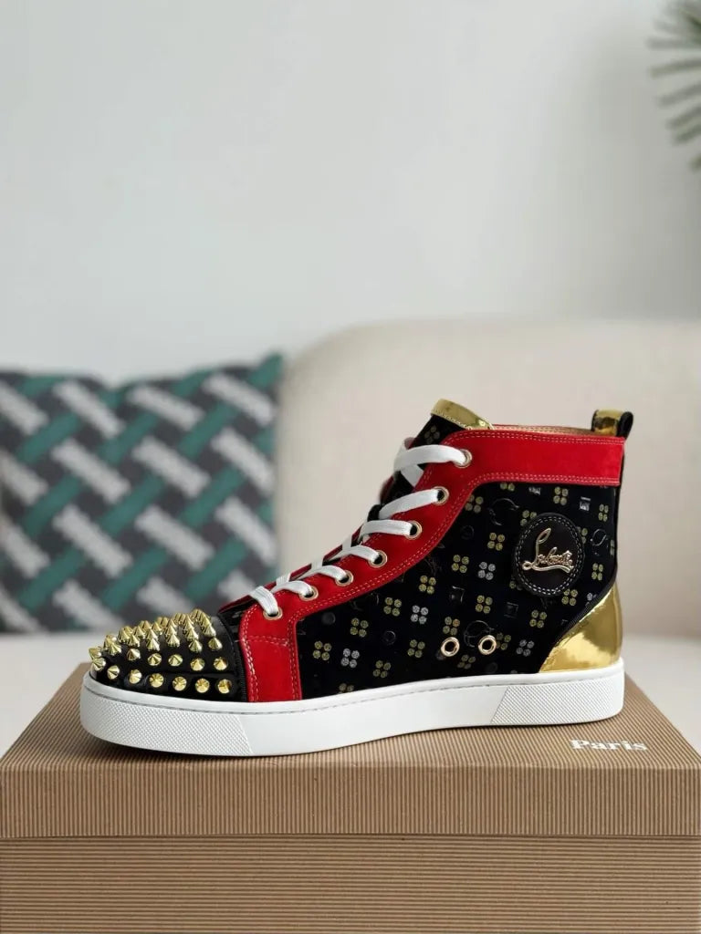 Christian Louboutin Louis High-Top Spikes Sneaker – Black, Red & Gold Patterned