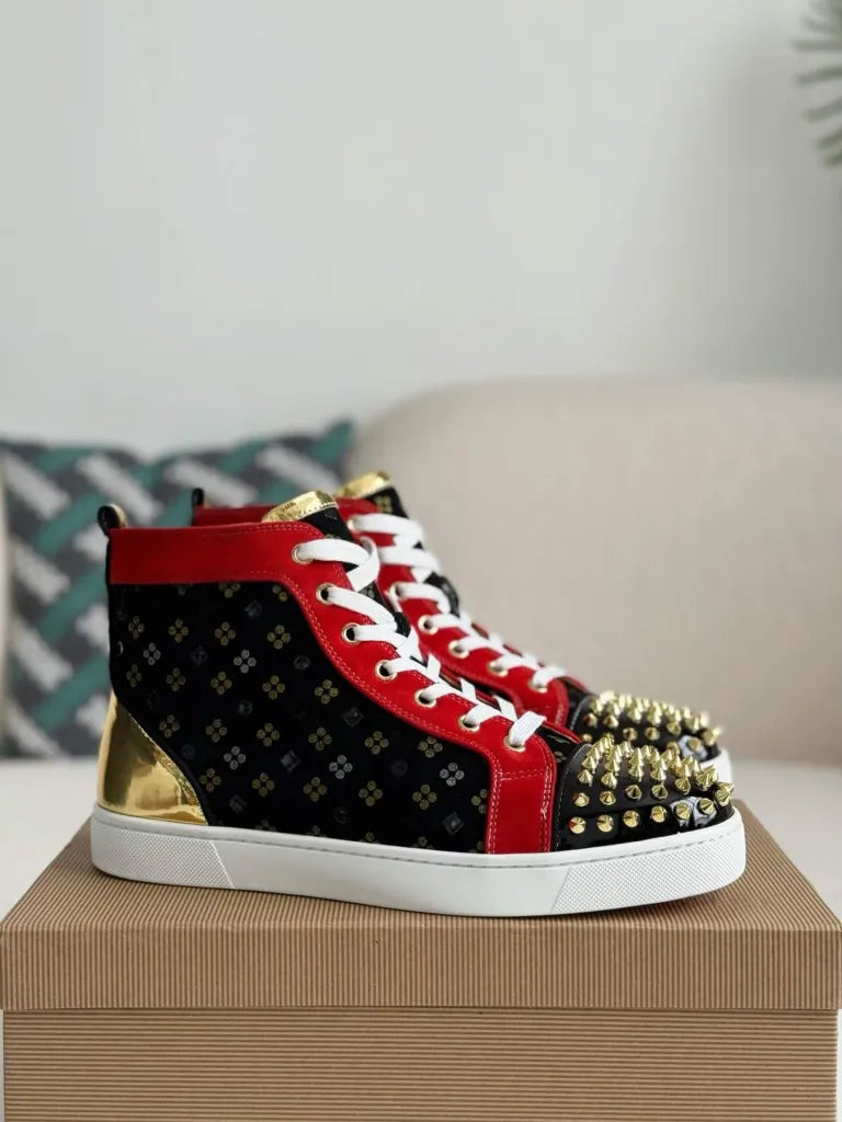Christian Louboutin Louis High-Top Spikes Sneaker – Black, Red & Gold Patterned