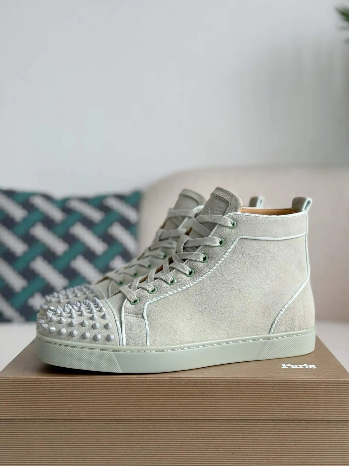 Christian Louboutin Louis High-Top Spikes Sneaker – Light Mint Green Suede