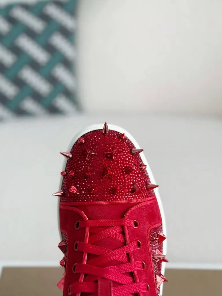 Christian Louboutin Louis Junior Sneaker – Red Suede, Strass & Spikes