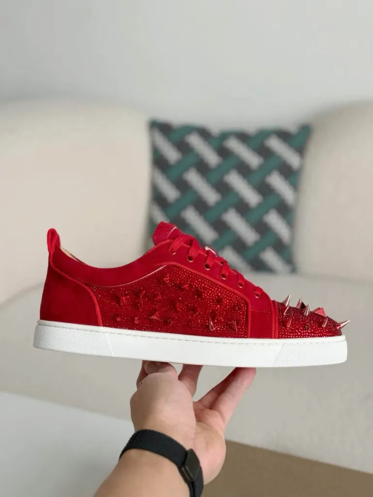 Christian Louboutin Louis Junior Sneaker – Red Suede, Strass & Spikes