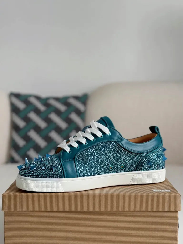 Christian Louboutin Louis Junior Sneaker – Teal Leather, Strass & Spikes