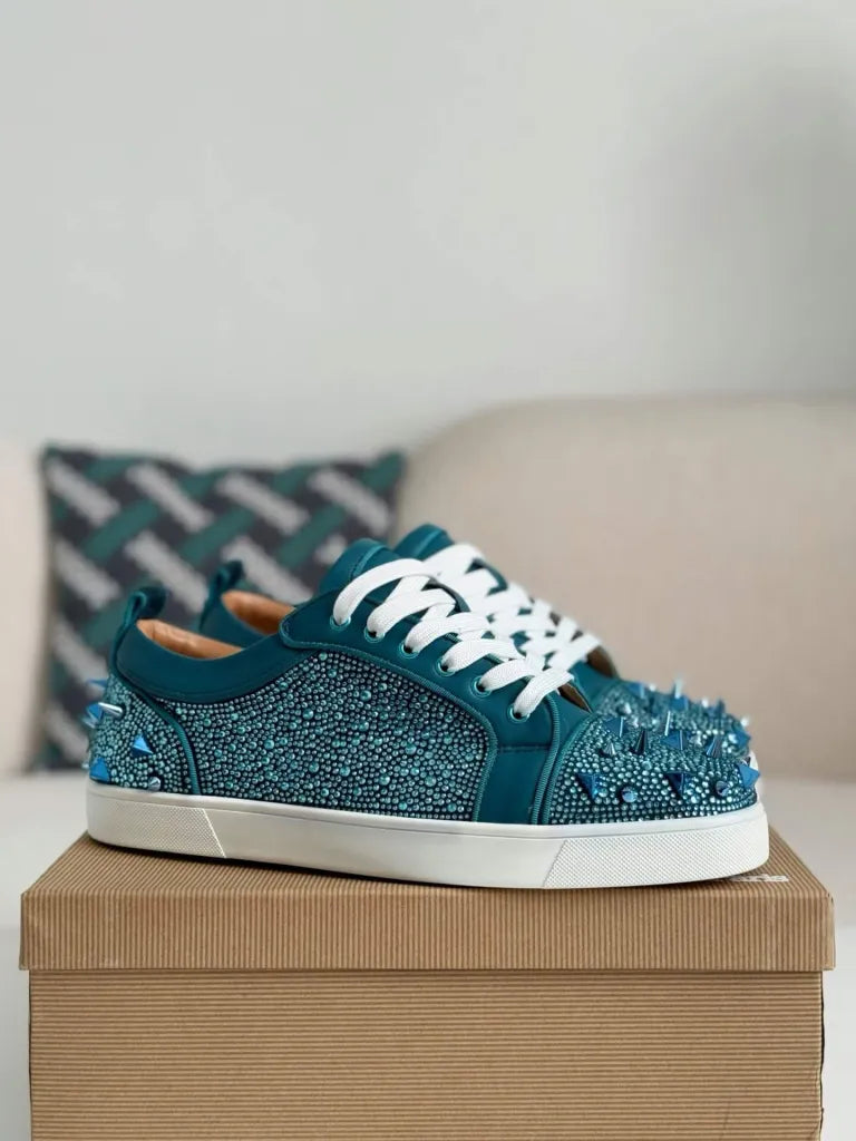 Christian Louboutin Louis Junior Sneaker – Teal Leather, Strass & Spikes