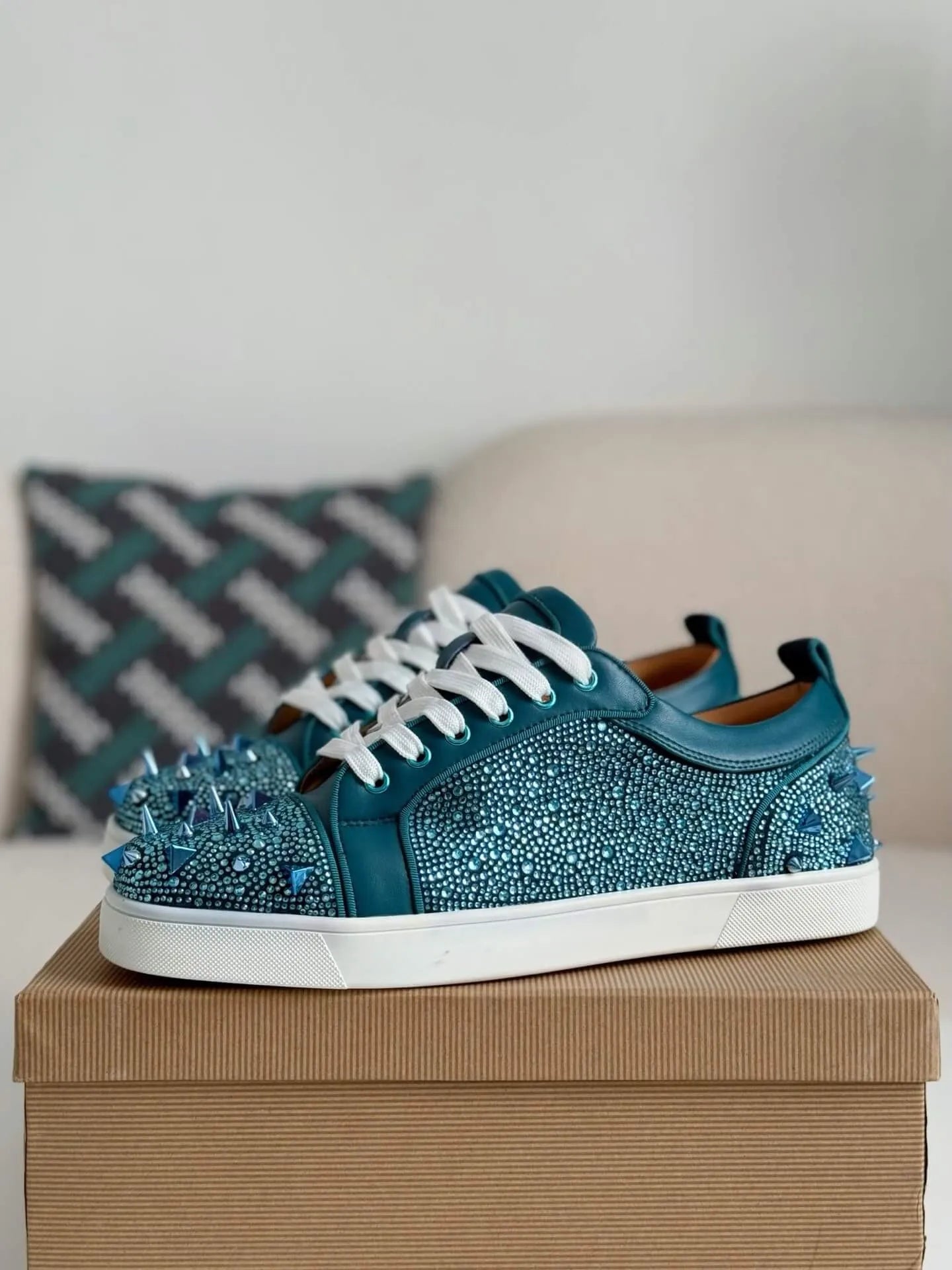 Christian Louboutin Louis Junior Sneaker – Teal Leather, Strass & Spikes