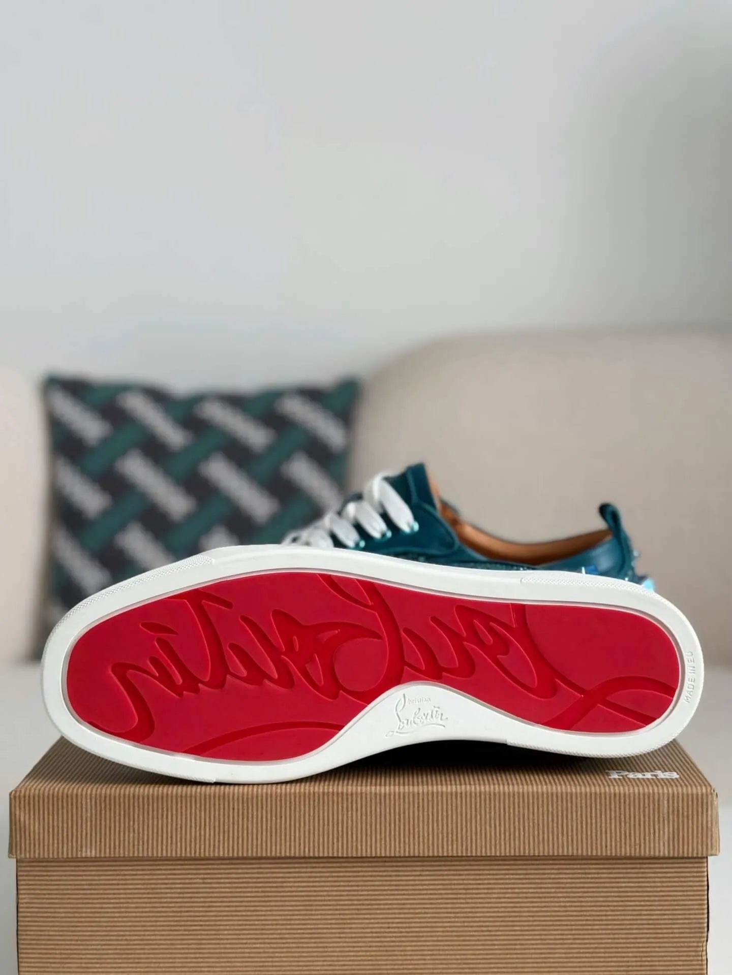 Christian Louboutin Louis Junior Sneaker – Teal Leather, Strass & Spikes