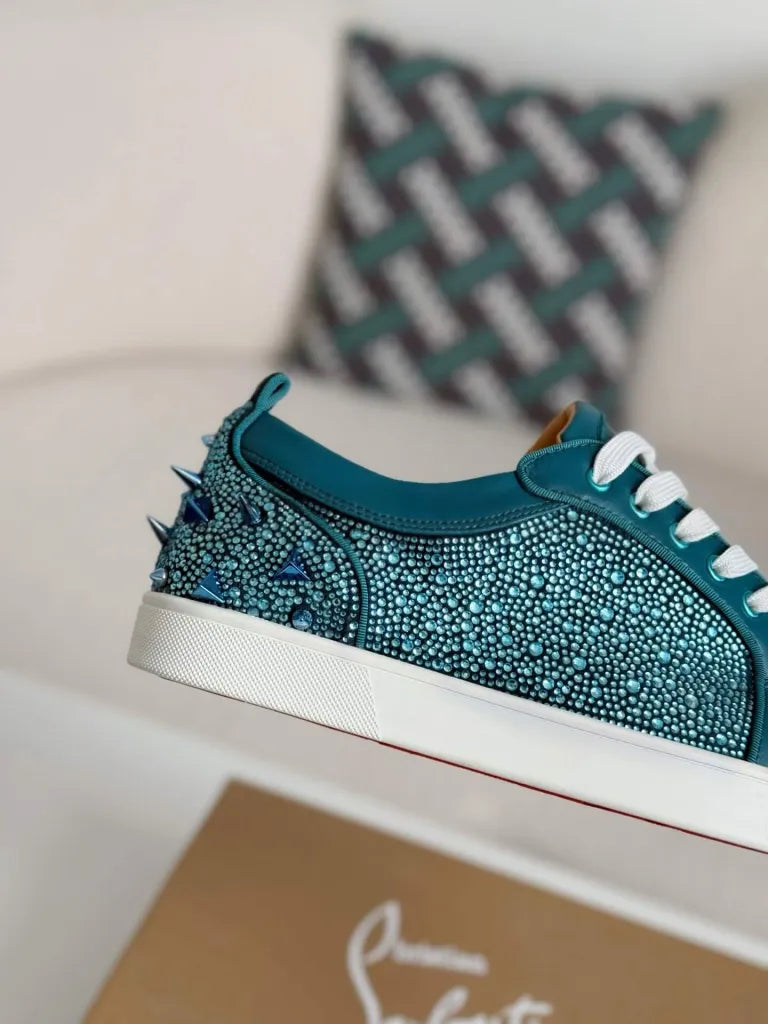 Christian Louboutin Louis Junior Sneaker – Teal Leather, Strass & Spikes