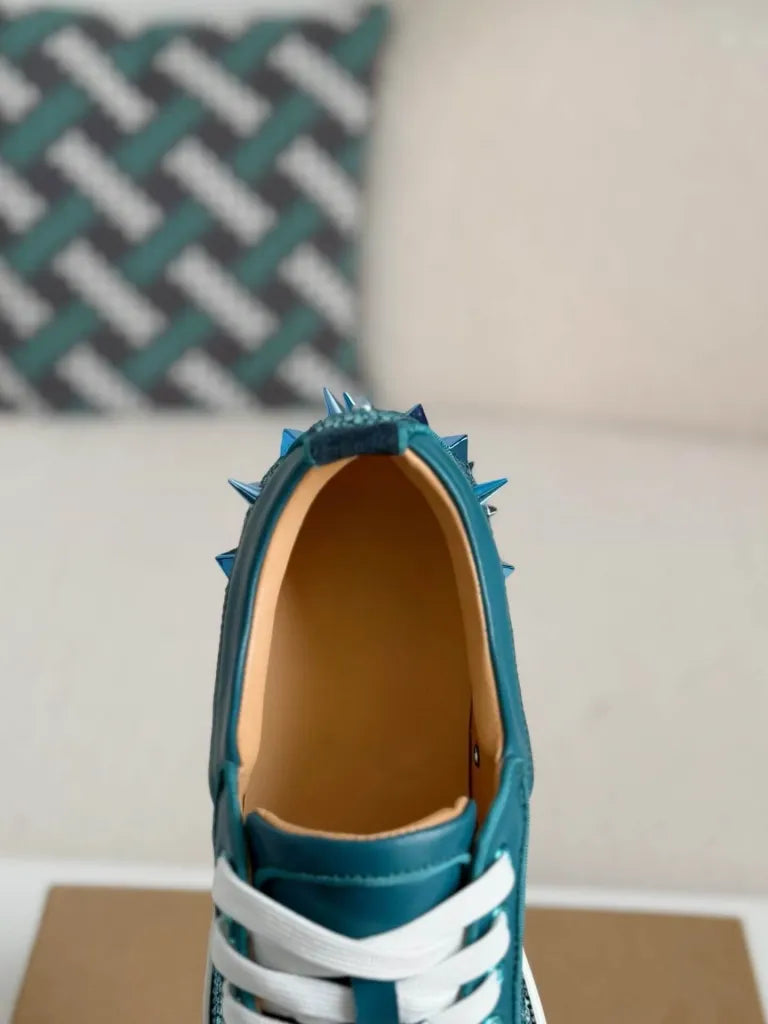 Christian Louboutin Louis Junior Sneaker – Teal Leather, Strass & Spikes