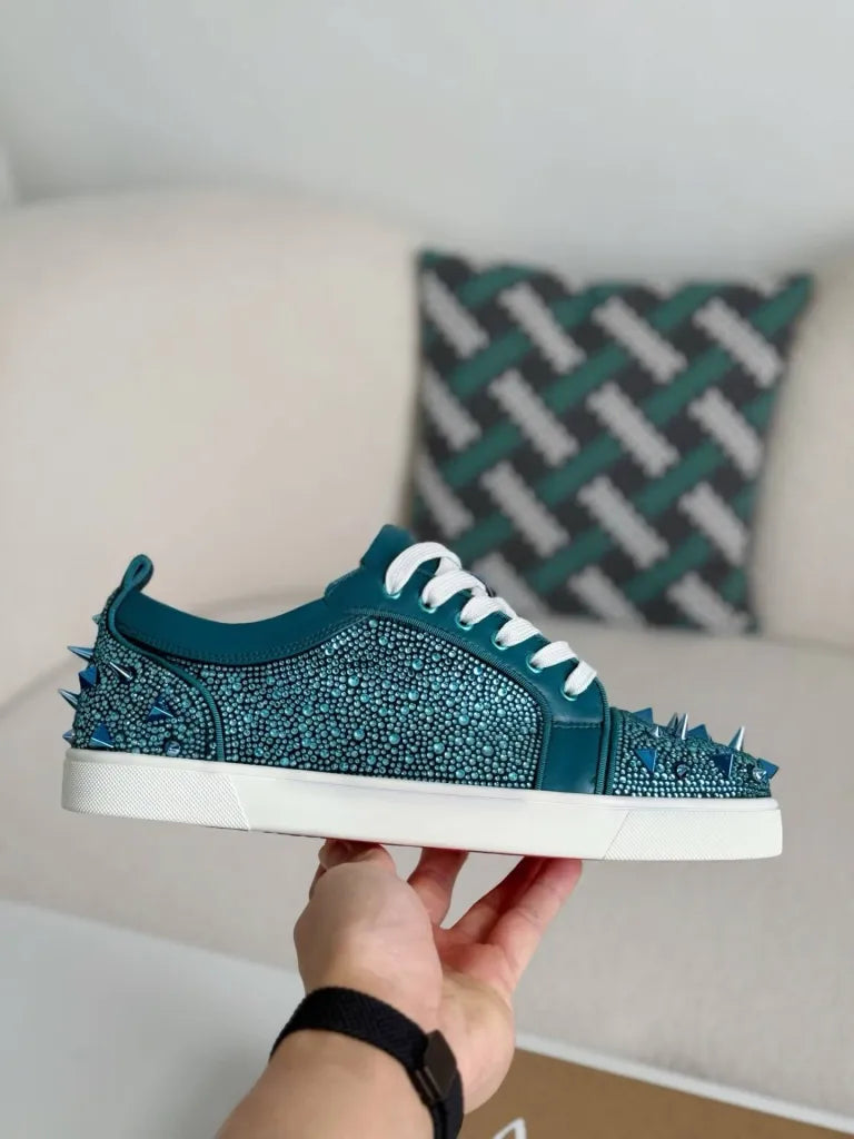 Christian Louboutin Louis Junior Sneaker – Teal Leather, Strass & Spikes
