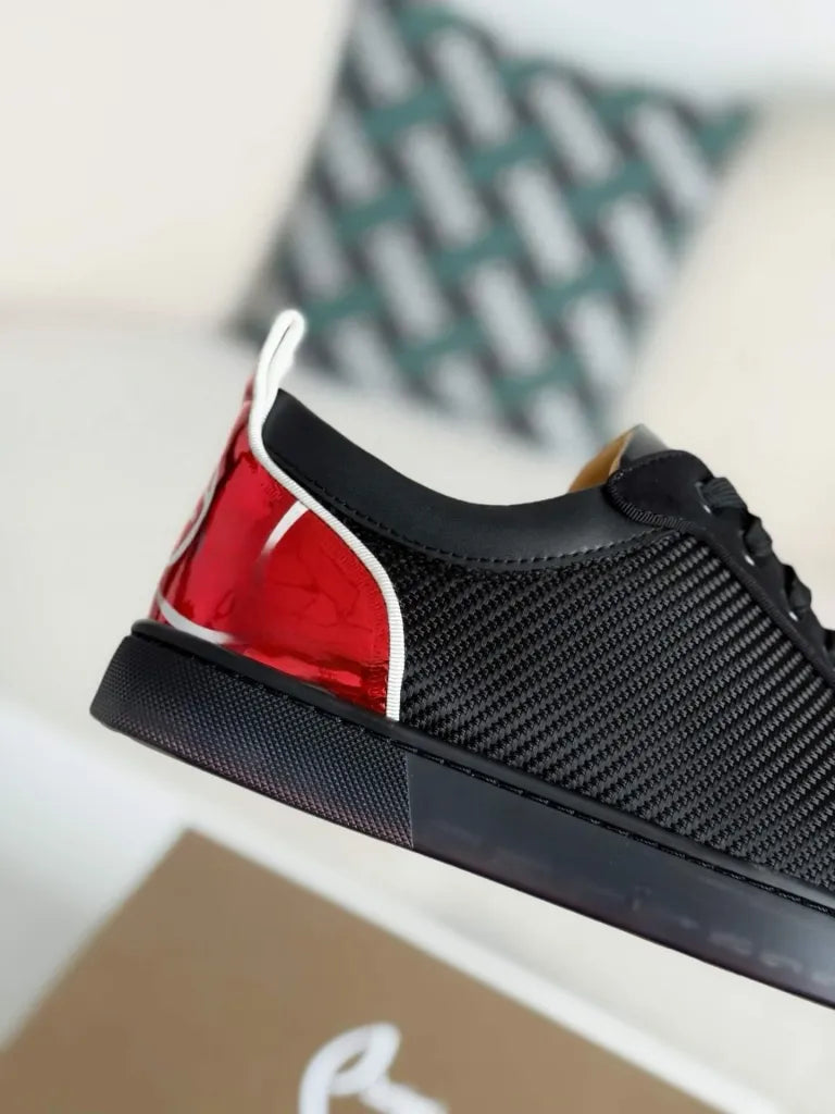 Christian Louboutin Louis Junior Spikes Sneaker – Black Mesh, Suede & Metallic Red