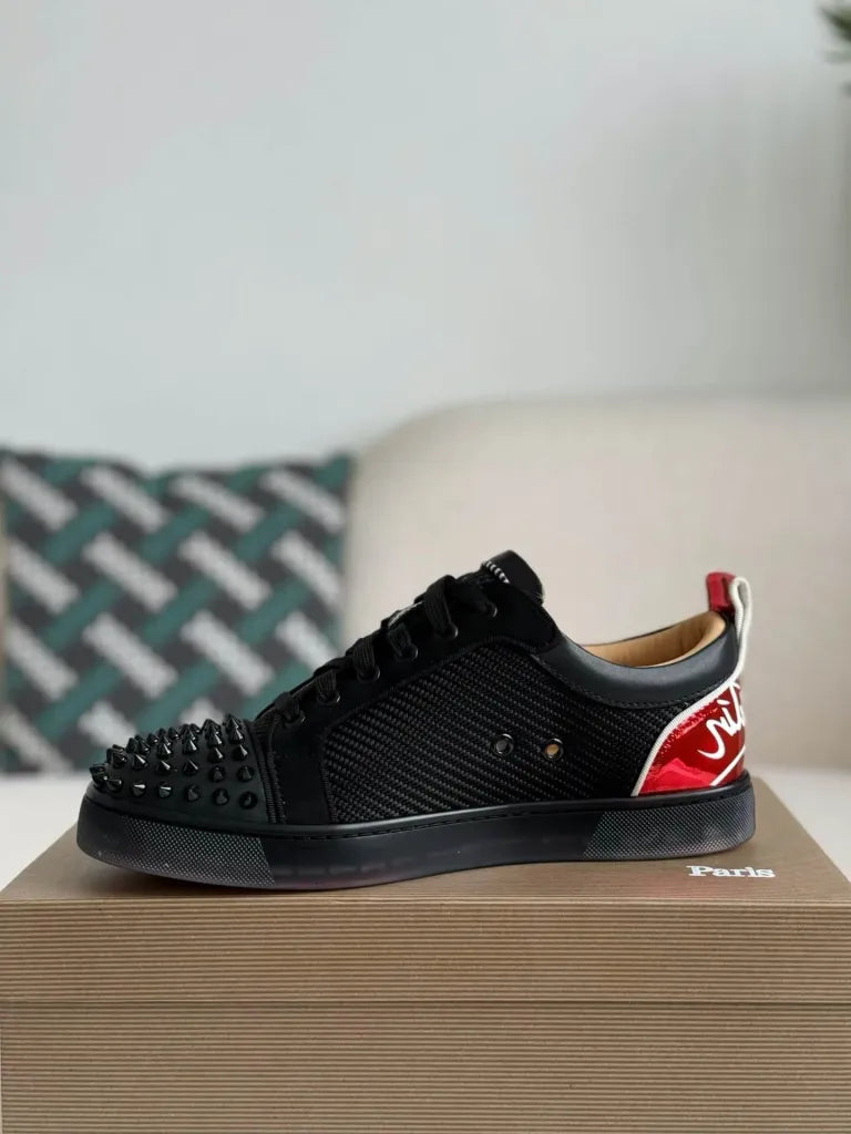 Christian Louboutin Louis Junior Spikes Sneaker – Black Mesh, Suede & Metallic Red