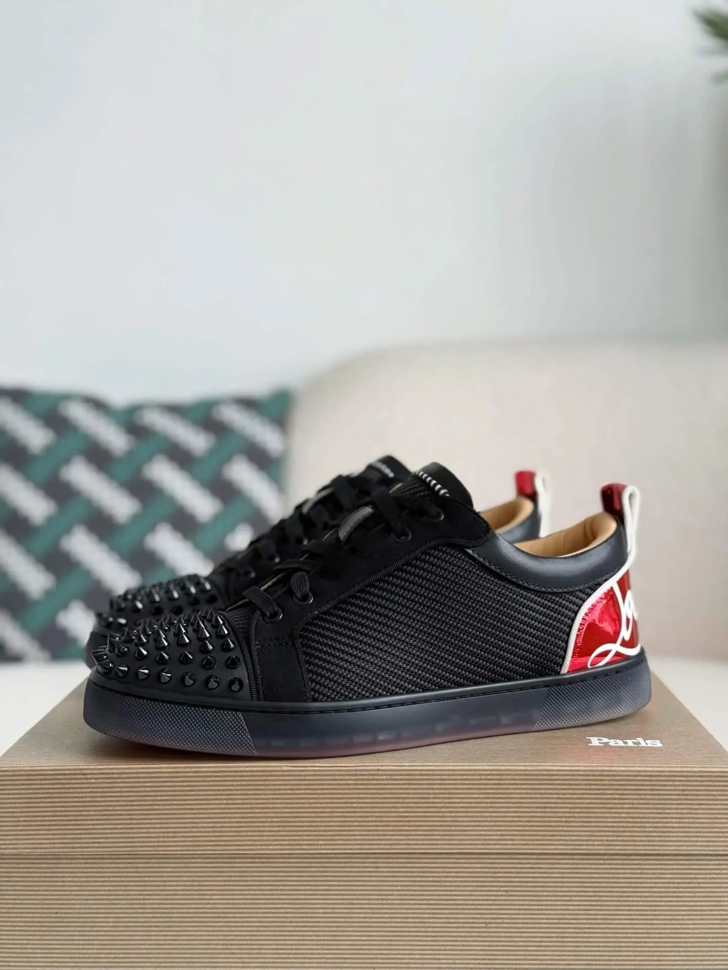 Christian Louboutin Louis Junior Spikes Sneaker – Black Mesh, Suede & Metallic Red