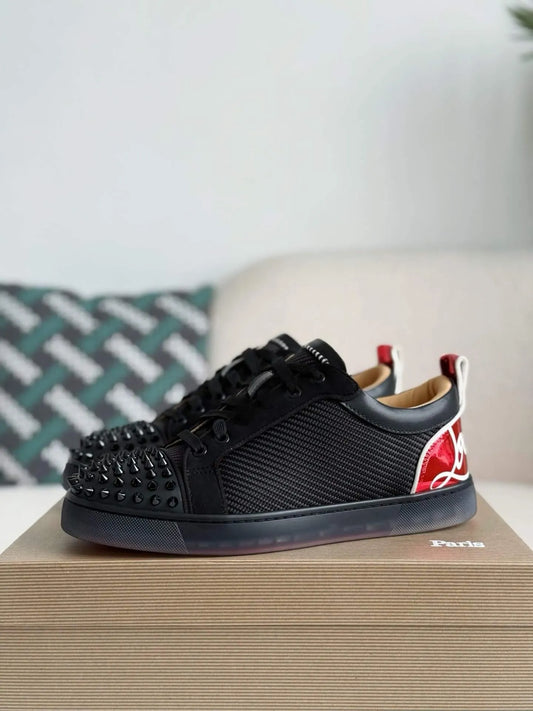 Christian Louboutin Louis Junior Spikes Sneaker – Black Mesh, Suede & Metallic Red