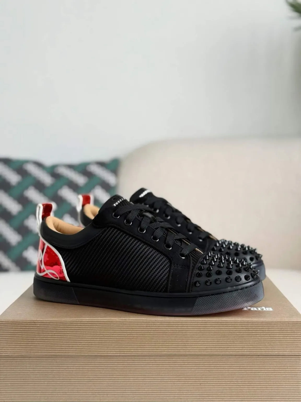 Christian Louboutin Louis Junior Spikes Sneaker – Black Mesh, Suede & Metallic Red