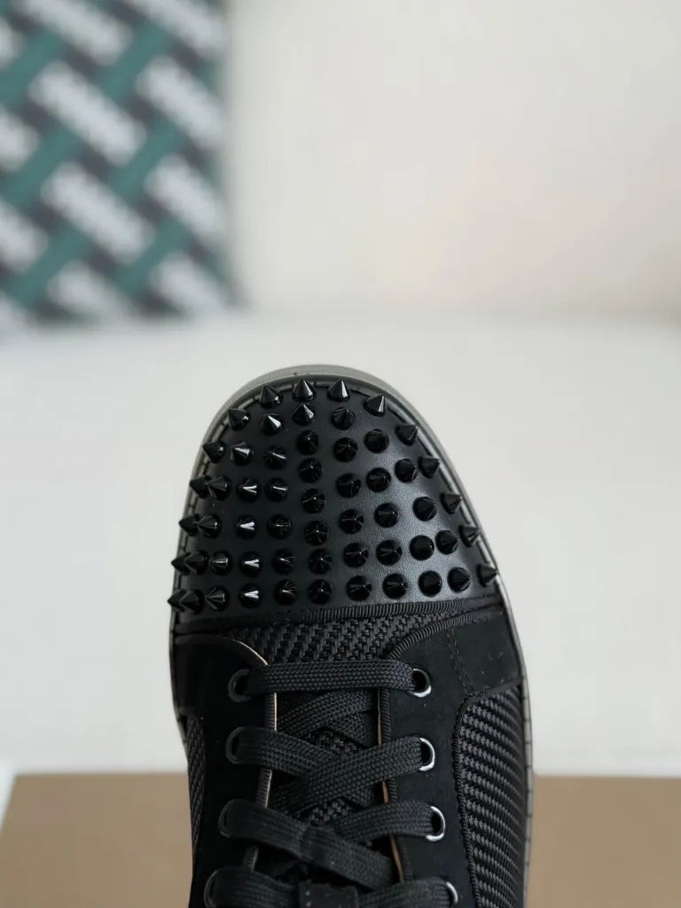 Christian Louboutin Louis Junior Spikes Sneaker – Black Mesh, Suede & Metallic Red