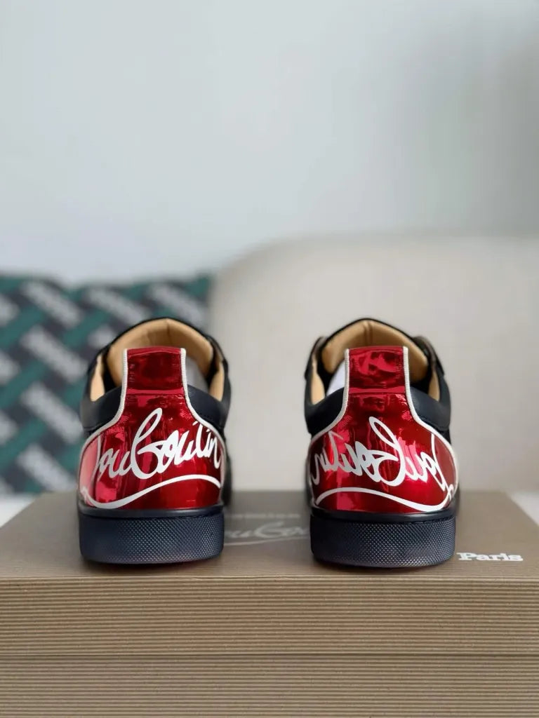 Christian Louboutin Louis Junior Spikes Sneaker – Black Mesh, Suede & Metallic Red