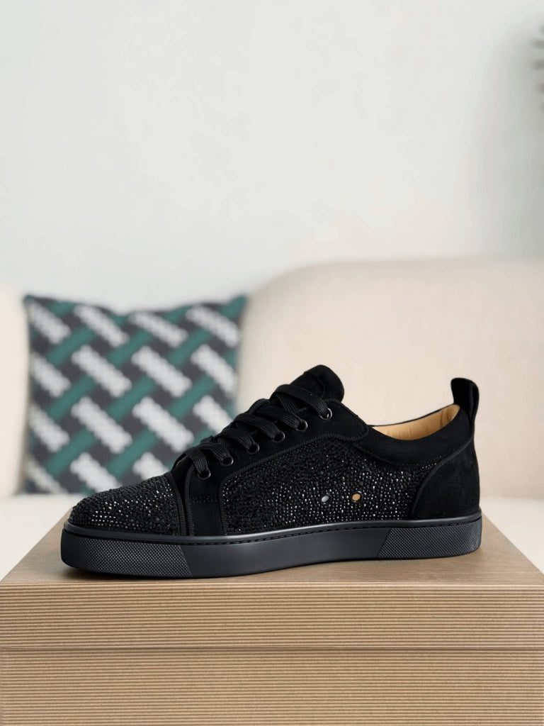 Christian Louboutin Louis Junior Strass Sneaker – All-Black Suede & Crystals