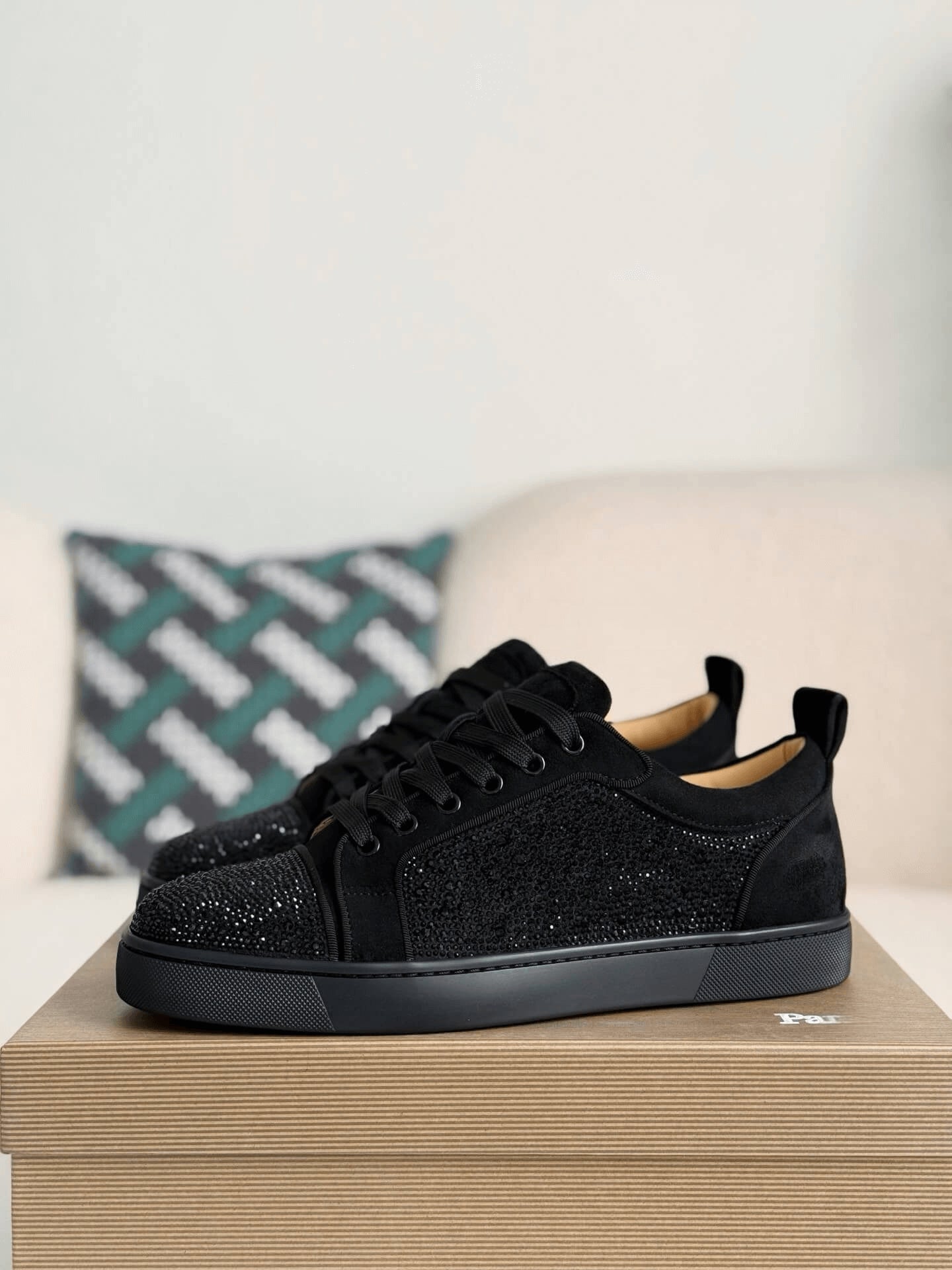 Christian Louboutin Louis Junior Strass Sneaker – All-Black Suede & Crystals