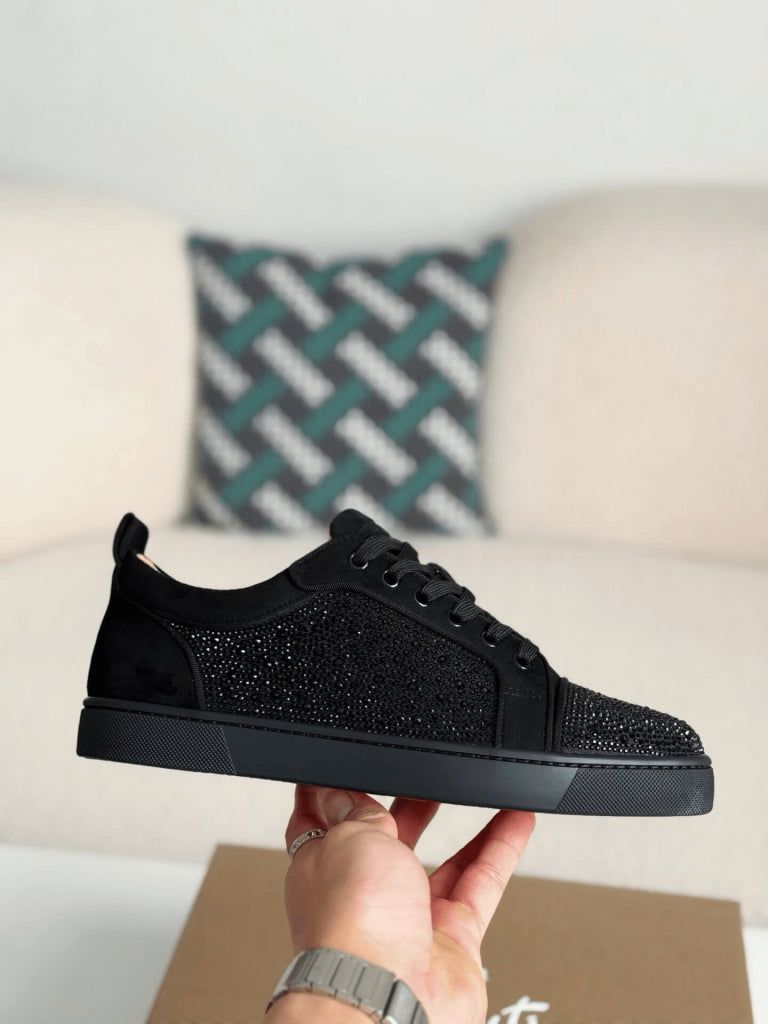 Christian Louboutin Louis Junior Strass Sneaker – All-Black Suede & Crystals