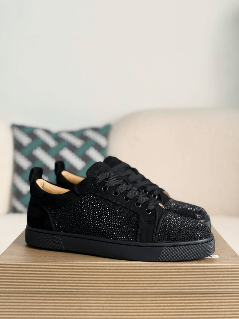 Christian Louboutin Louis Junior Strass Sneaker – All-Black Suede & Crystals