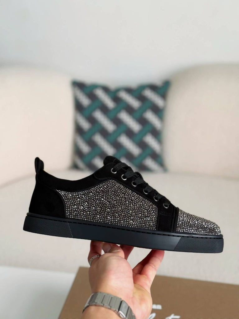 Christian Louboutin Louis Junior Strass Sneaker – Black Suede & Crystals