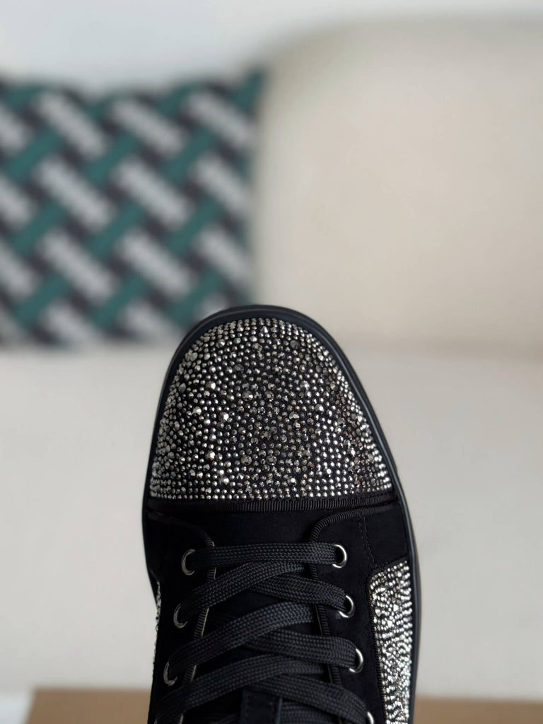 Christian Louboutin Louis Junior Strass Sneaker – Black Suede & Crystals
