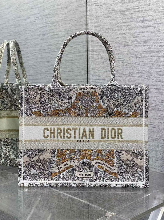 Christian Dior Medium Book Tote Latte Embroidered Canvas with Gold-Tone Dior Around the World Motif