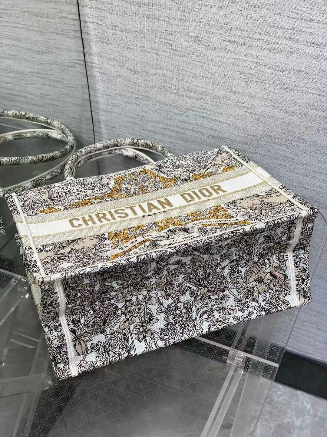 Christian Dior Medium Book Tote Latte Embroidered Canvas with Gold-Tone Dior Around the World Motif