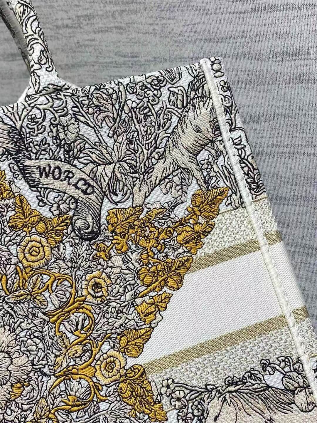Christian Dior Medium Book Tote Latte Embroidered Canvas with Gold-Tone Dior Around the World Motif