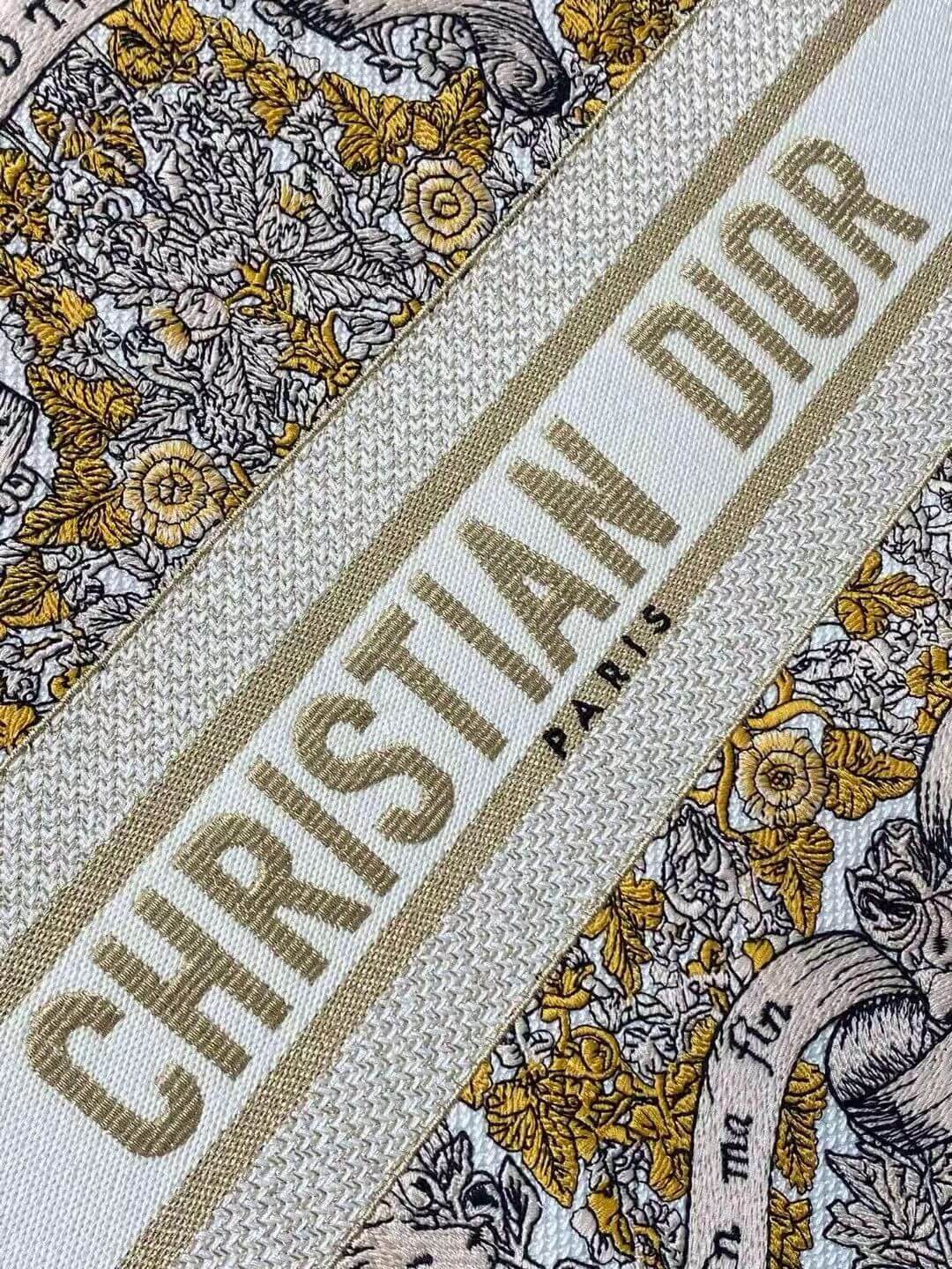 Christian Dior Medium Book Tote Latte Embroidered Canvas with Gold-Tone Dior Around the World Motif