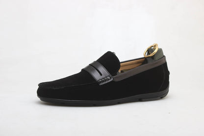 Classic Black Suede Driving Loafers for Everyday Sophistication – side view with a shoe tree, highlighting premium cowskin suede and a durable rubber/leather sole.