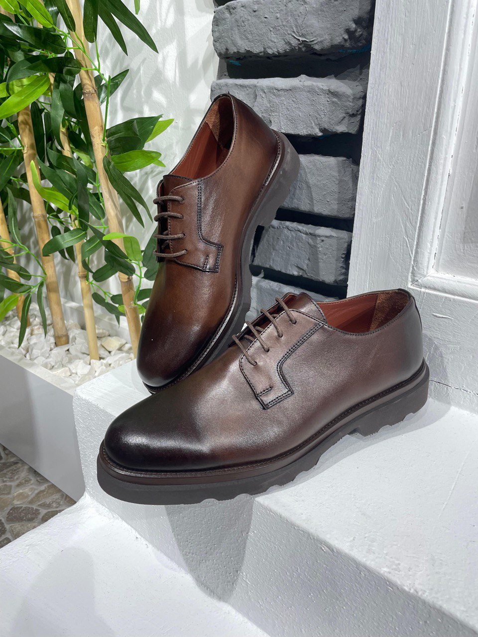 Classic Brown Leather Men's Derby Shoes – luxurious brown full-grain leather, displayed on a wooden stand with vibrant green foliage.