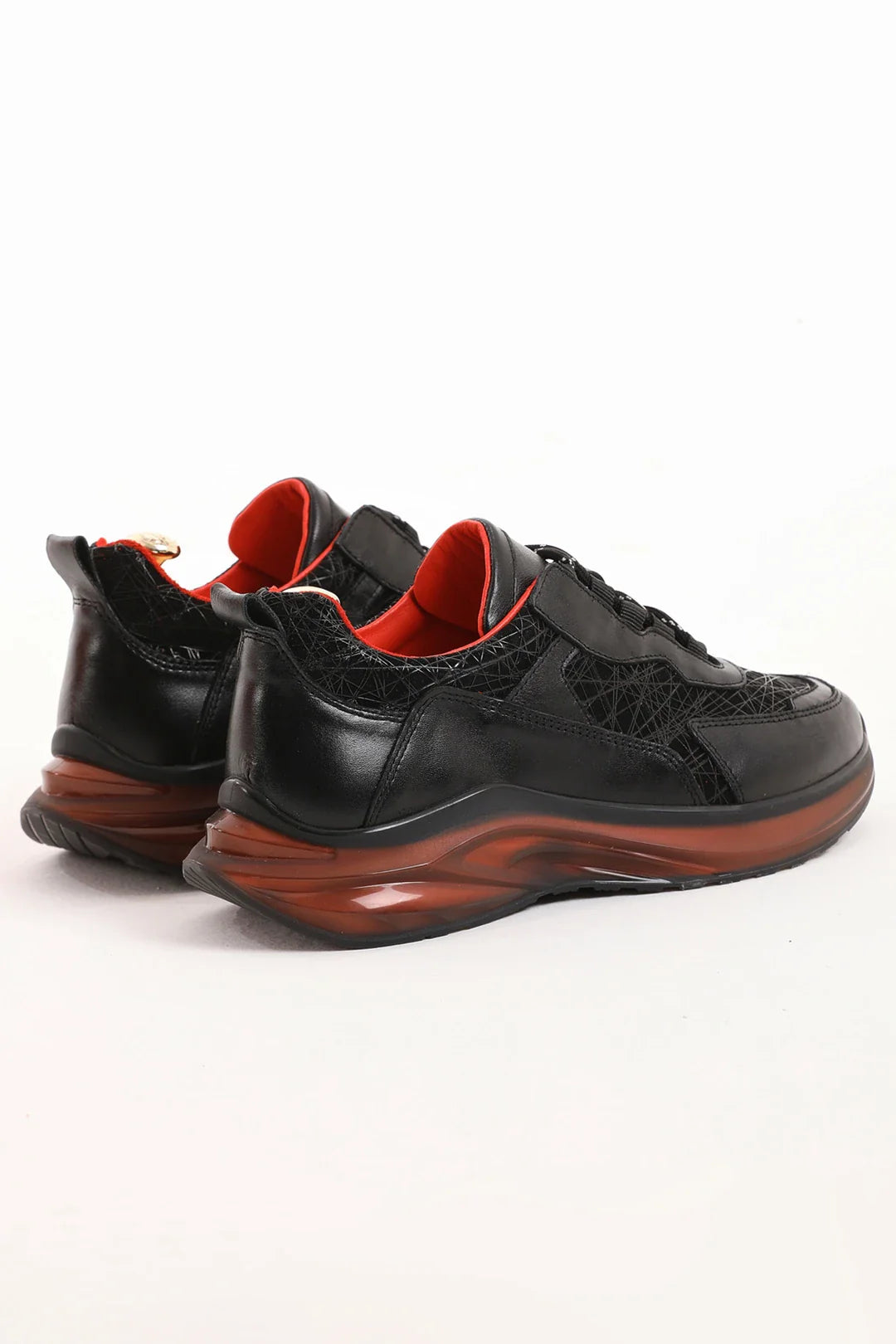 Custer Black Mid-top Leather Sneakers – side view of pair, showcasing sleek black leather with a bold red-accented sole, perfect for urban sophistication.