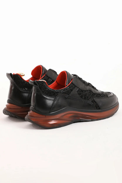 Custer Black Mid-top Leather Sneakers – side view of pair, showcasing sleek black leather with a bold red-accented sole, perfect for urban sophistication.