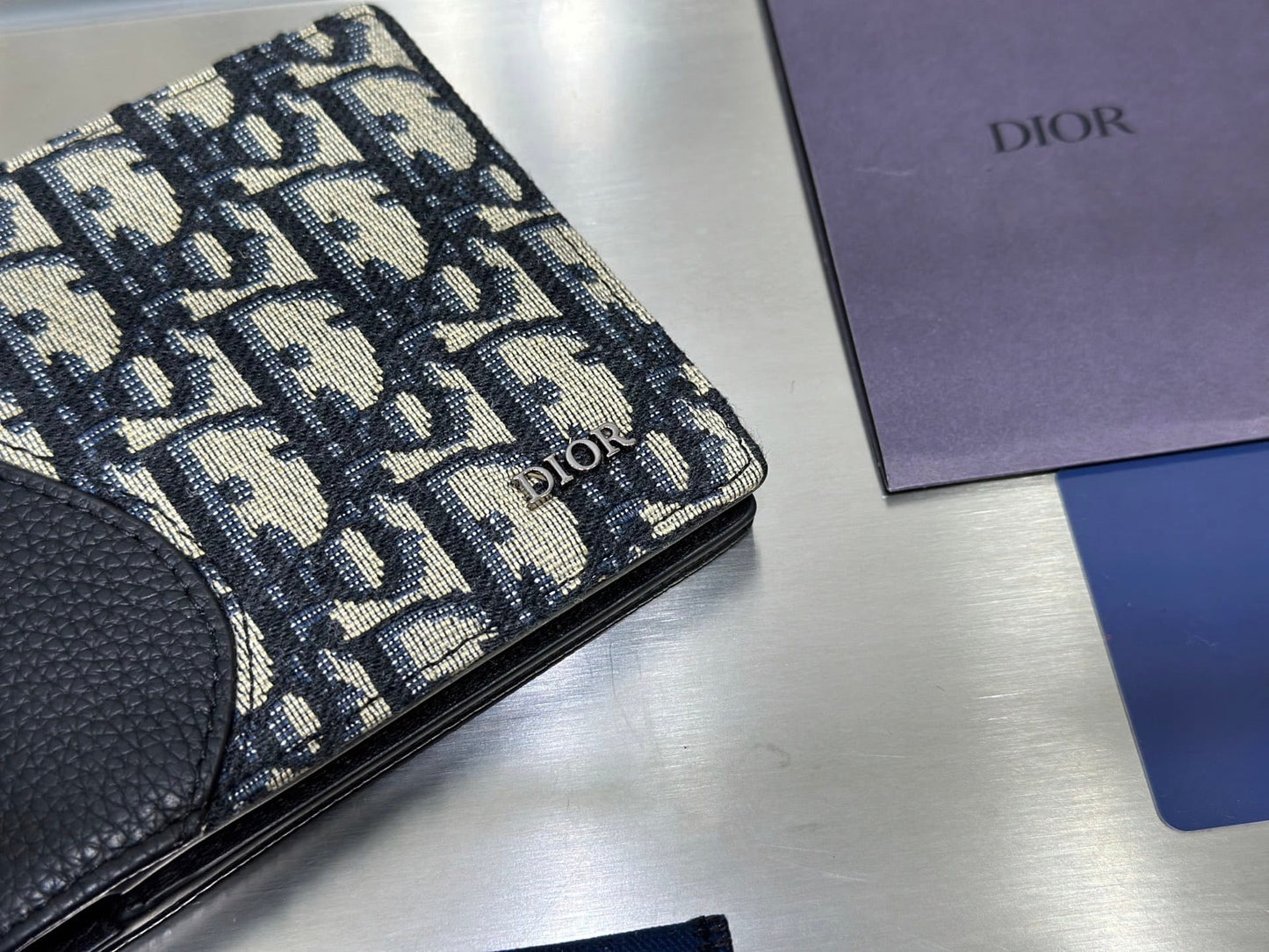 Dior Men's Black Grained Calfskin & Beige Oblique Jacquard Saddle Bifold Wallet