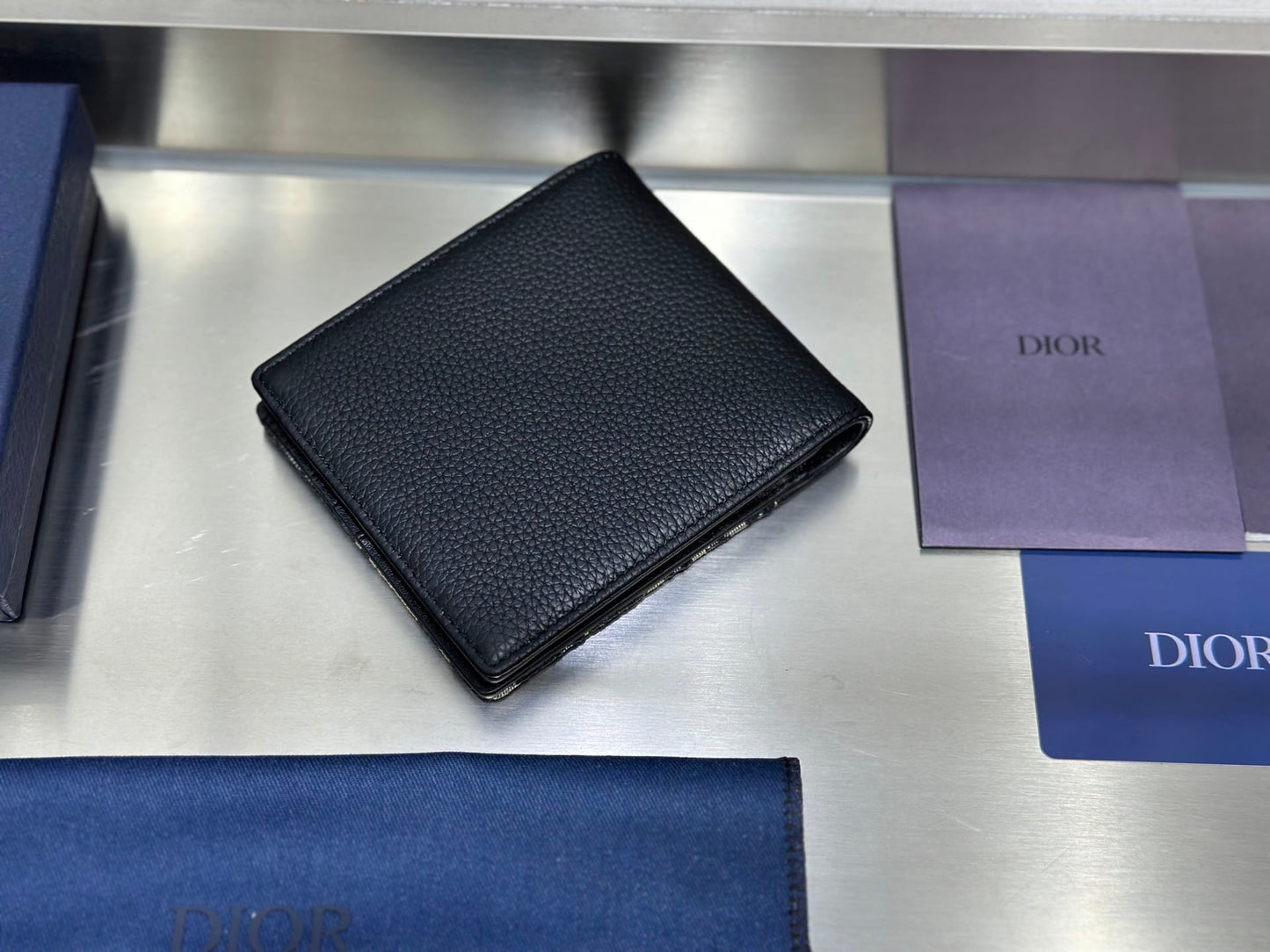 Dior Men's Black Grained Calfskin & Beige Oblique Jacquard Saddle Bifold Wallet