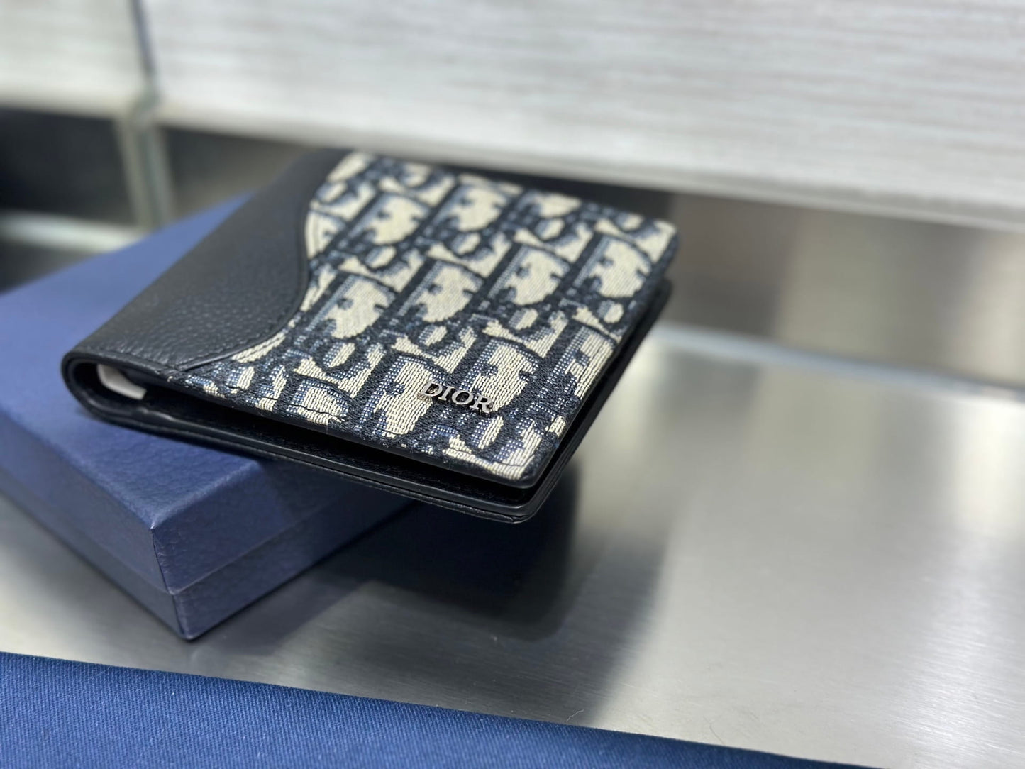 Dior Men's Black Grained Calfskin & Beige Oblique Jacquard Saddle Bifold Wallet